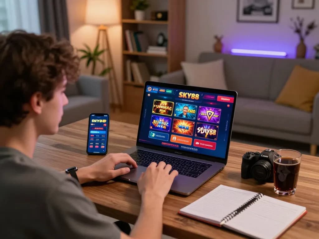 Player engaging in online gaming at SKY88 casino from a cozy home office
