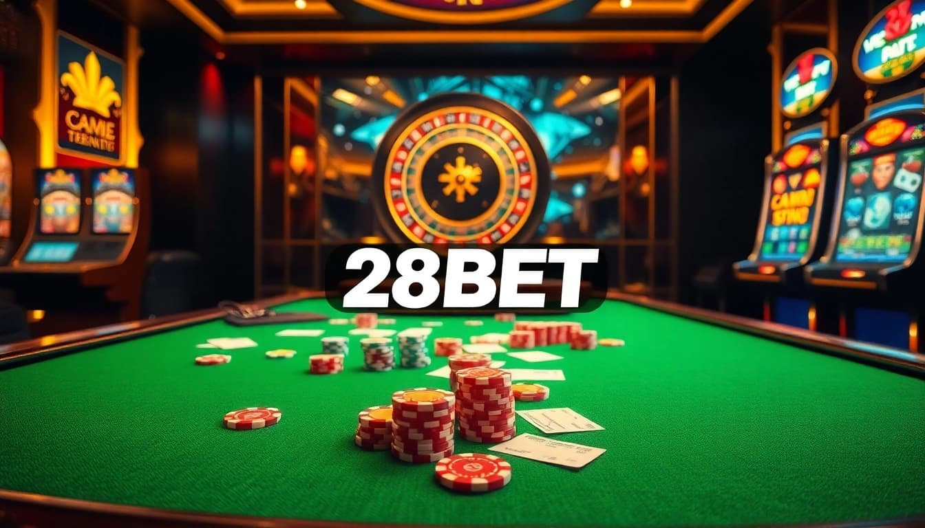 Experience the thrill of betting at 28BET casino tables with vibrant poker chips and slot machines.