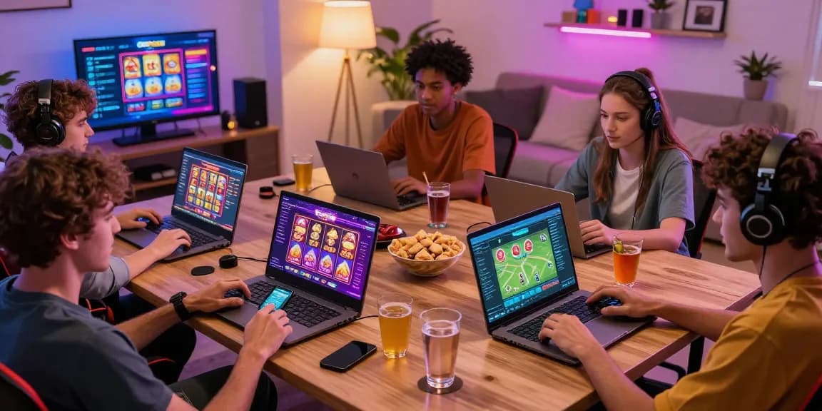 Friends enjoying online gaming experience on OPEN88 with diverse devices in a lively setting.