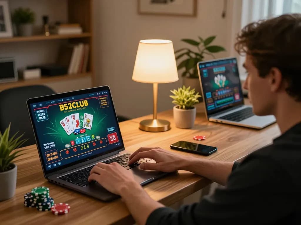 B52CLUB player engaging in blackjack gameplay on a laptop in a cozy home setting