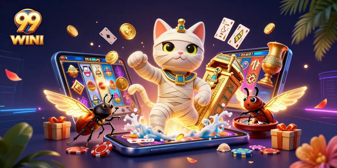 Experience the excitement of 99WIN with dynamic casino action featuring a mummy cat and glowing scarab.