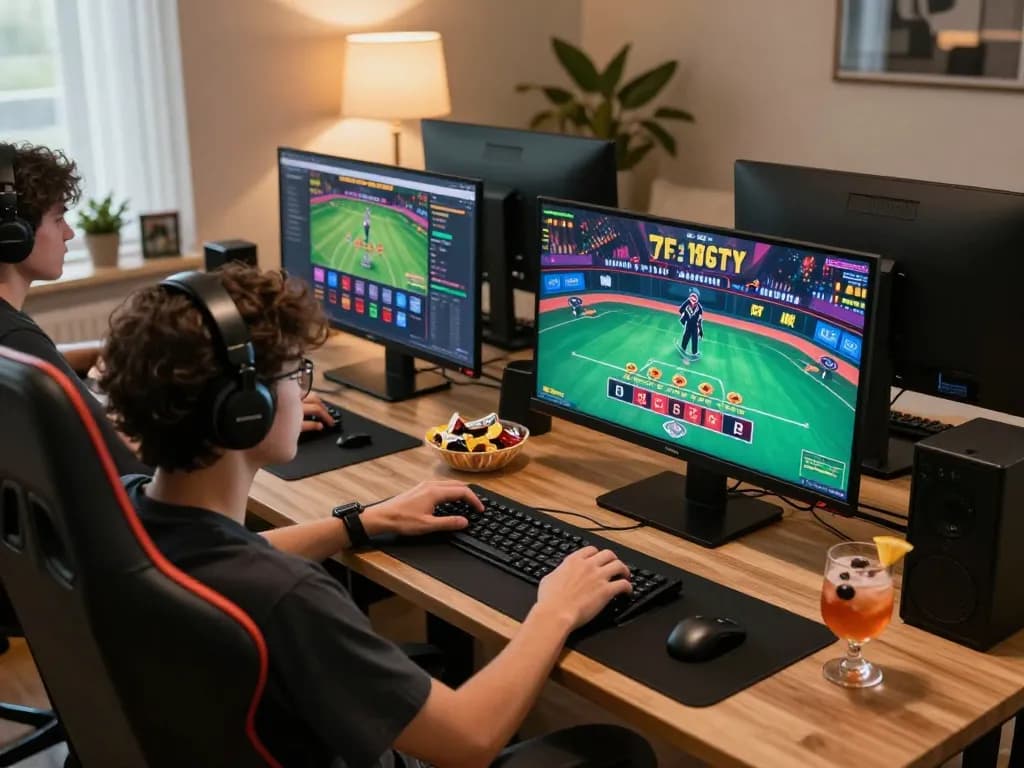 Player enjoying engaging online games at home through gg88.com, showcasing a live blackjack interface and sports betting app