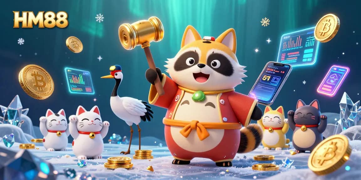 Engage with HM88's exciting gaming features, highlighting cheerful characters and vibrant casino elements.