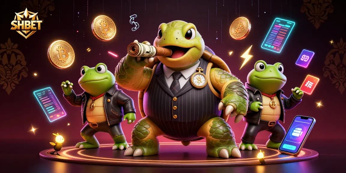 Engage with SHBET's thrilling casino scene featuring a massive snapping turtle in a stylish suit and crypto coins.
