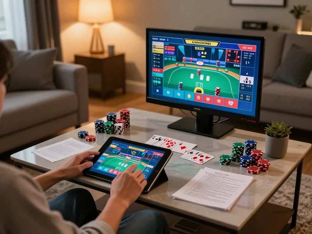 Engaging online casino gameplay with a person using a tablet, experiencing bem88 from home comfort.