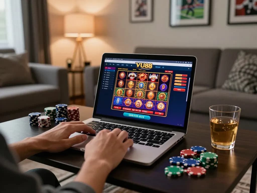 VU88 player engaging in online casino gaming at a stylish home setup with vibrant interface.