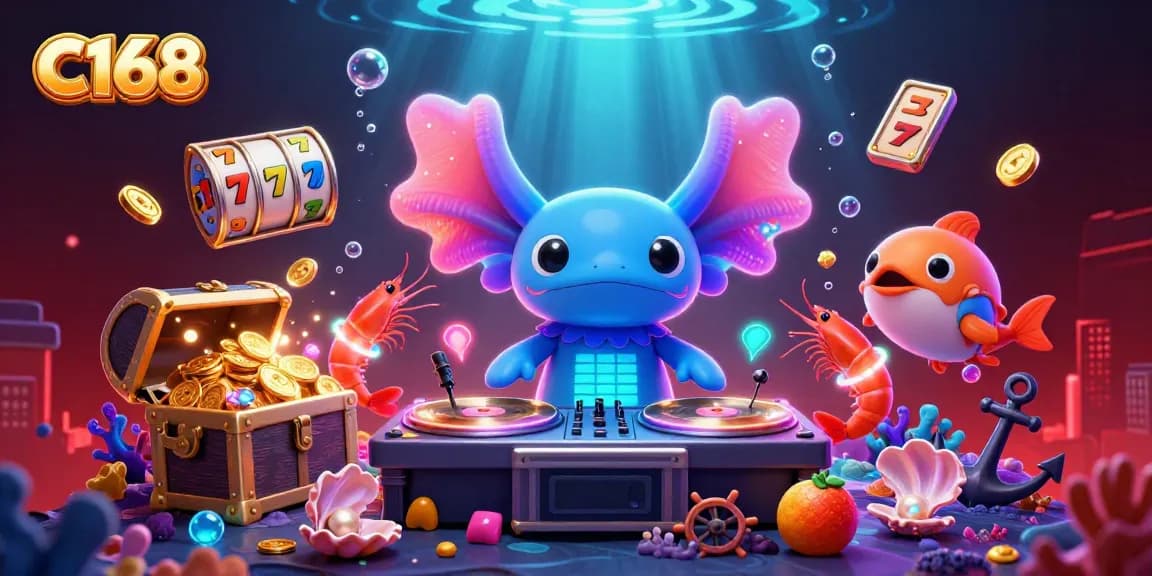 C168 introduces a vibrant scene with a neon axolotl DJ, slot reels, and underwater treasures, enhancing your gaming experience.