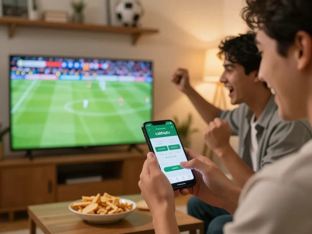Cakhiatv app enhancing sports betting experience amidst friends during live football match.