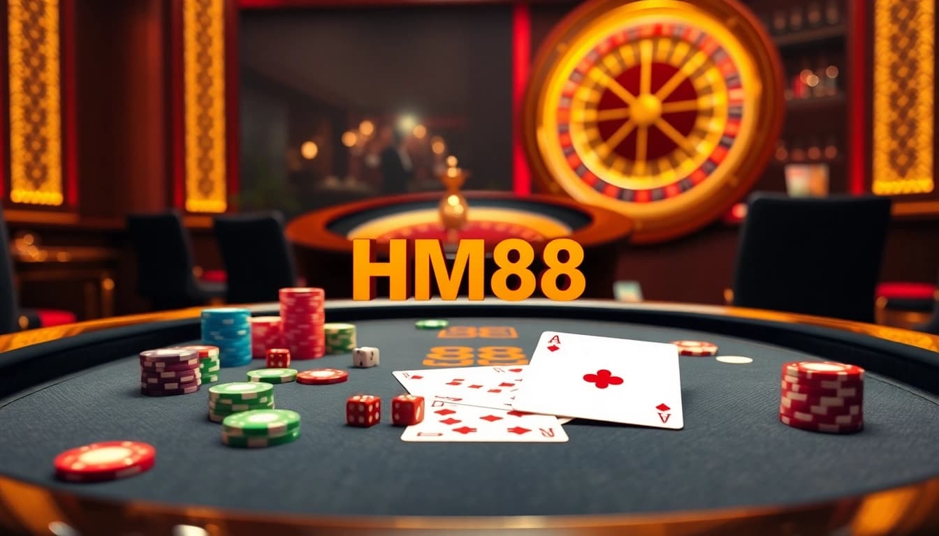 Action-packed gambling scene with HM88 logo, poker table, and roulette wheel showcasing excitement.