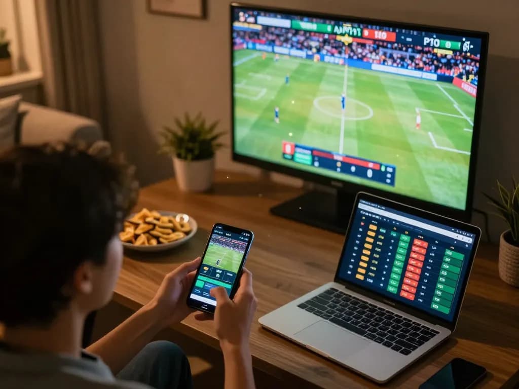 Person engaging with mposport smartphone app for sports betting in a cozy living room.
