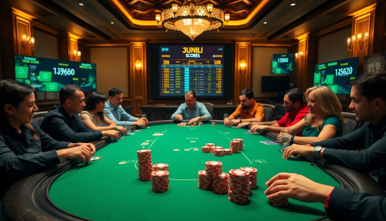 Players enjoy Judi Bola bets at a vibrant poker table in a luxurious casino setting.