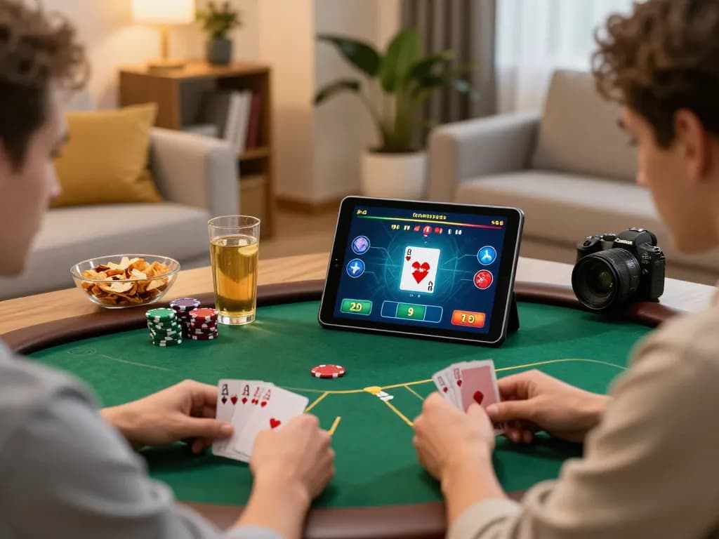 W188 player strategizing during an online poker game in a cozy living room.