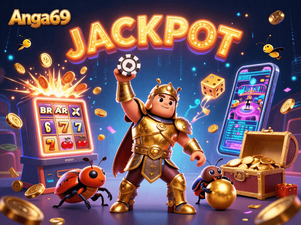 Play to win with Angka69 in a vibrant casino scene featuring jackpots and exciting game elements.