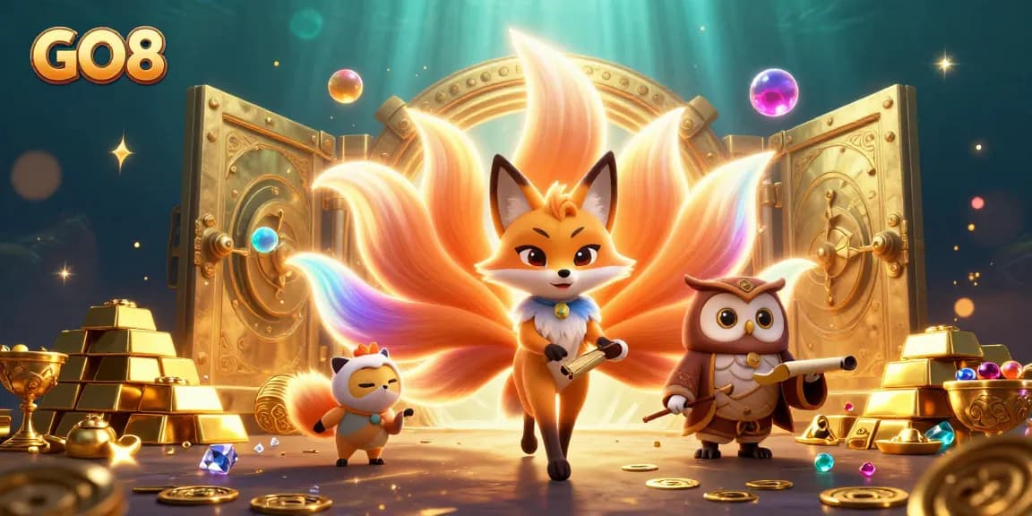 Engage with GO8 as the nine-tailed fox spirit and owl sage celebrate winning strategies in a vibrant casino.