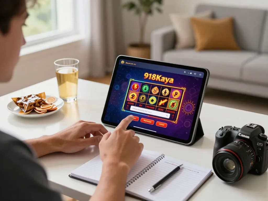 Engaging in online casino gaming in Papua New Guinea, showing a player logging into 918Kaya on a tablet with a focus on strategy.