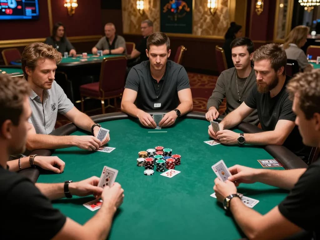 KONG88 players strategically bluffing their hands in a lively poker game at a luxury casino