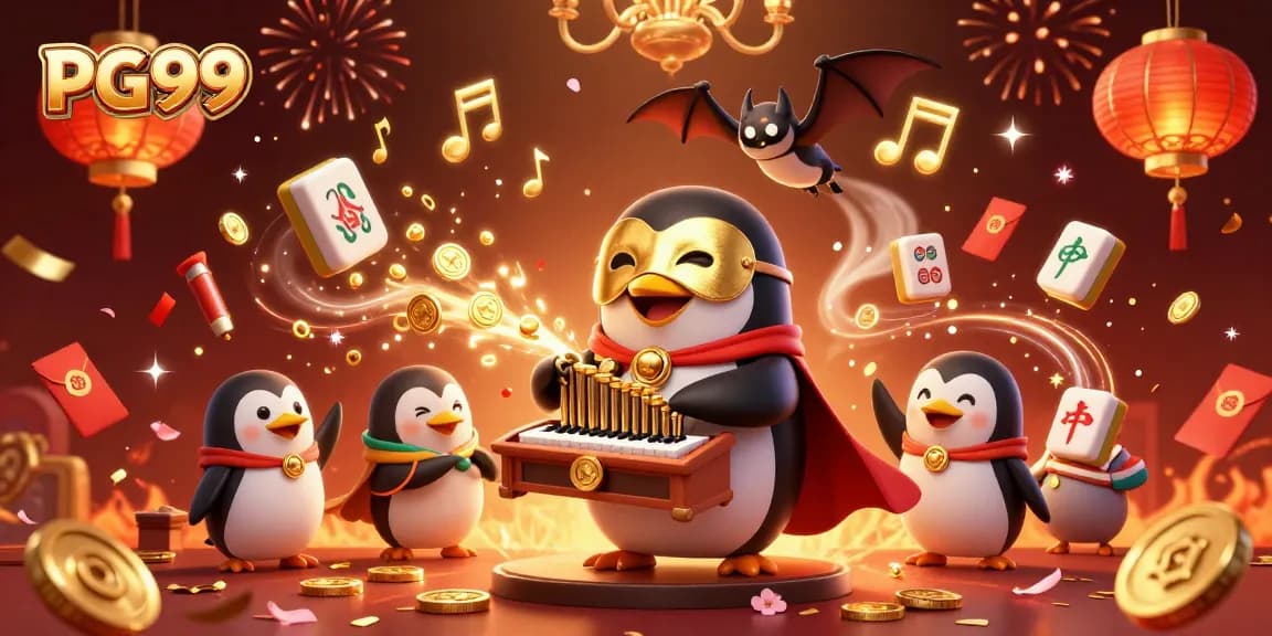 Experience the excitement with PG99's enchanting casino scene featuring a penguin organist and dynamic game elements.