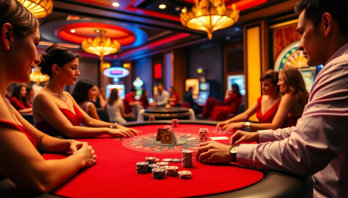 Exciting poker action at LC88's luxurious casino table with vibrant chips and cards.