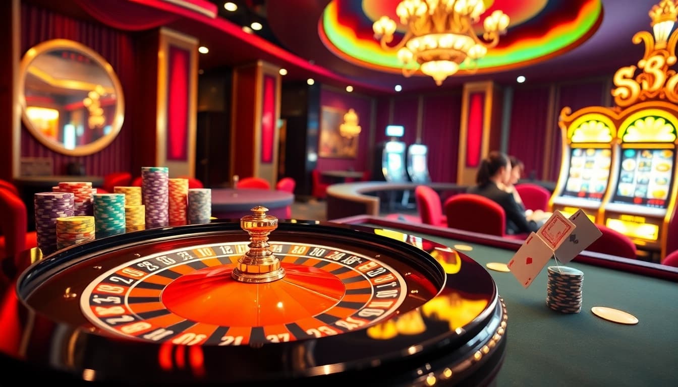 Experience the thrill of casino gaming at 88aa with vibrant roulette, poker chips, and cards.