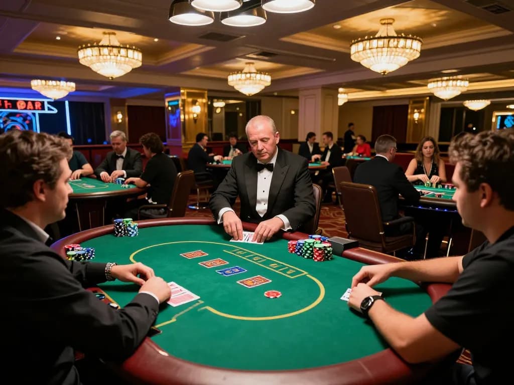 Players enjoying a high-stakes poker game at a vibrant casino floor featuring 11-hd streaming content.