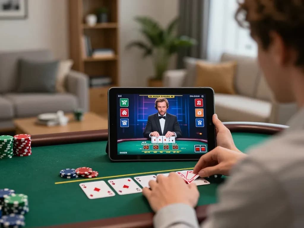 Player engaging with aa88i live dealer blackjack on tablet in stylish home setting.