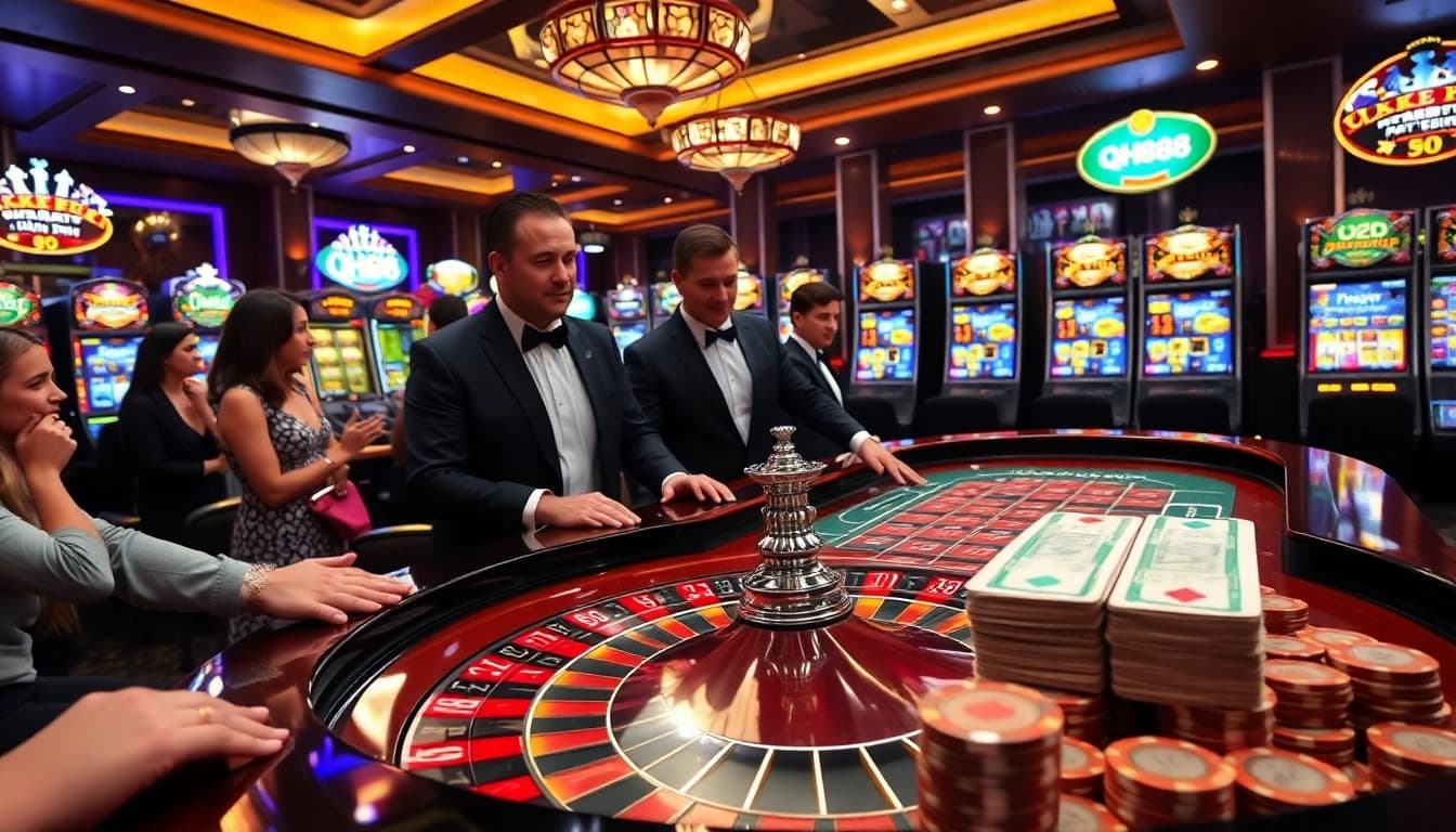 Players engaging in an exciting roulette game at qh88 casino, showcasing vibrant chips and cash.