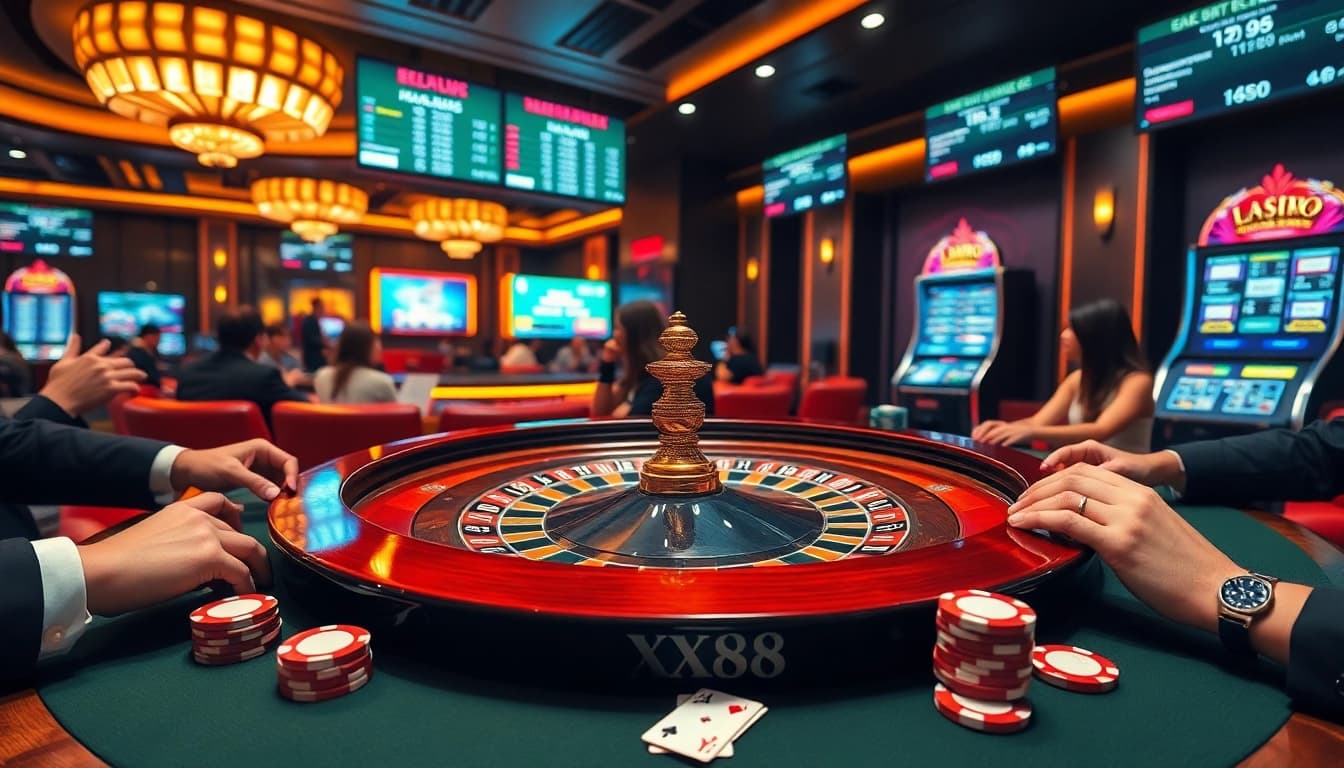 Gamblers enjoying a thrilling roulette game at a luxury casino showcasing xx88 betting action.
