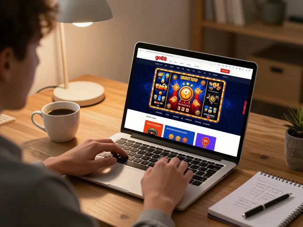 Player using go88 for online gambling on laptop in a cozy home office setting.
