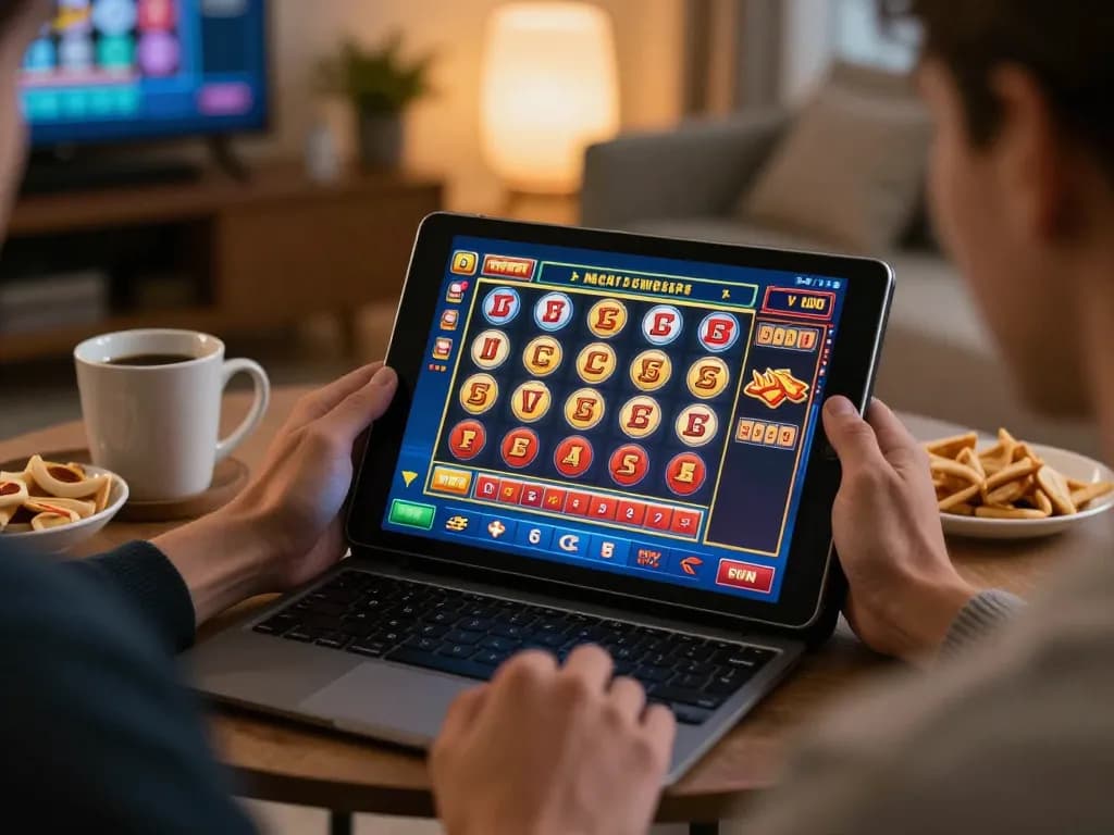 Enjoying a thrilling ALO8 online casino gaming experience at home with tablet and snacks