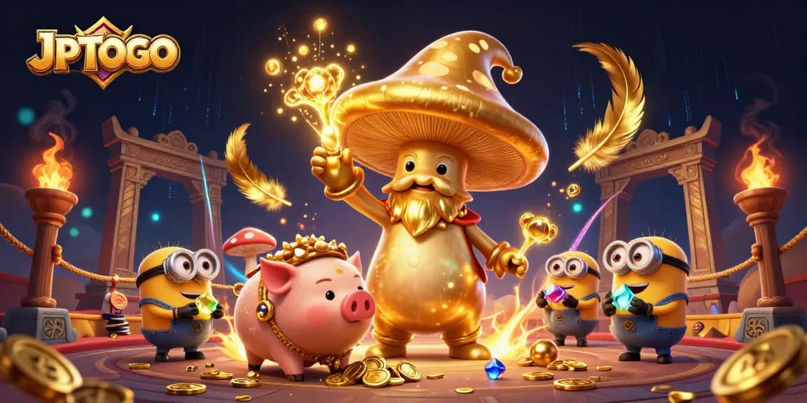 Engage with JPTOTO's thrilling golden mushroom wizard theme in this vibrant casino illustration.