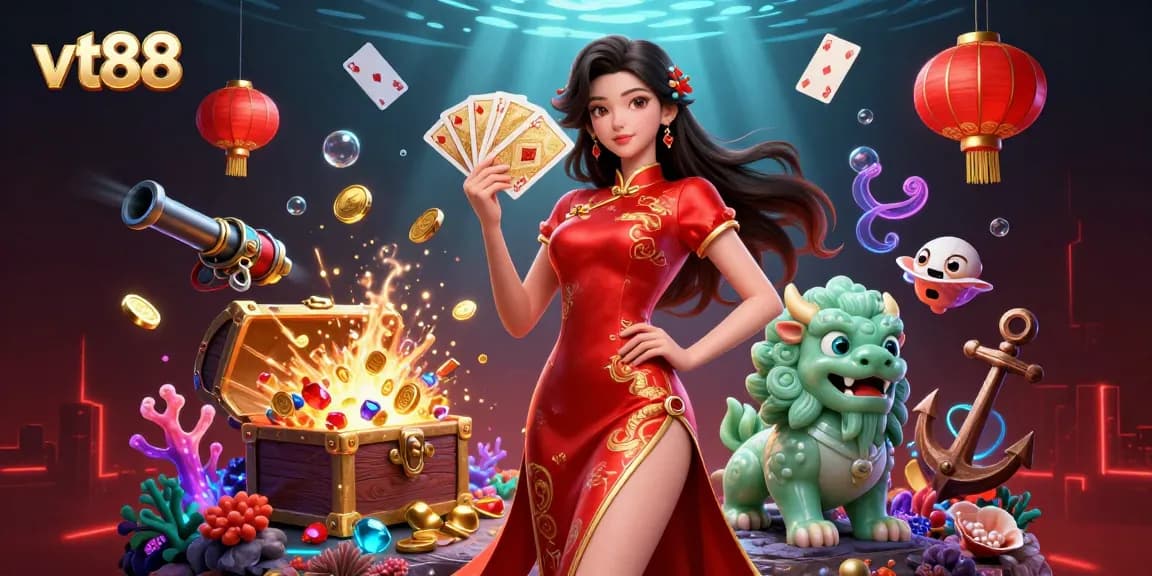 Experience the thrill of vt88 online casino with golden cards and dynamic gaming elements in vibrant 3D.