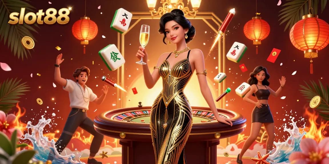 Experience the thrilling energy of slot88 with a glamorous illustration of fortune and luck.