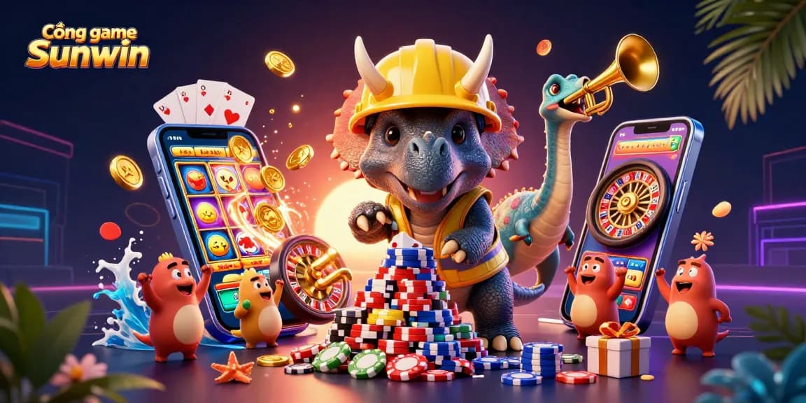 Cổng game Sunwin features a lively scene with cartoon dinosaurs playfully engaging in a vibrant casino environment.