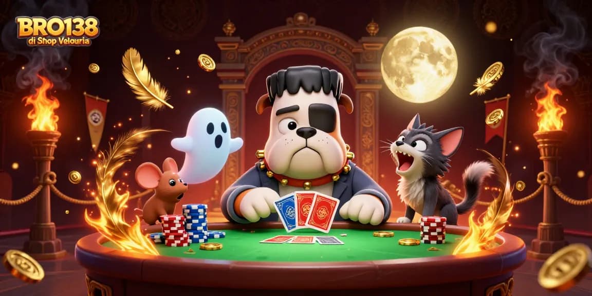 Experience thrilling slot action with BRO138 di Shop Velouria featuring a lively scene of gambling characters.