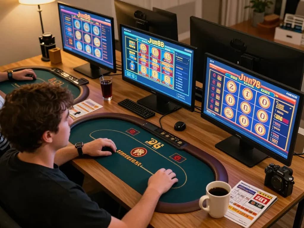 Person enjoying Jun88 online casino games in a cozy home setup with multiple screens and strategy notes.