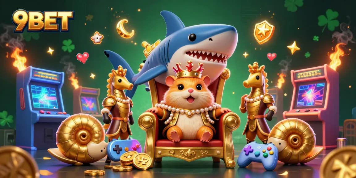 Engage with 9BET through a vibrant 3D casino scene featuring a golden hamster king and arcade games.