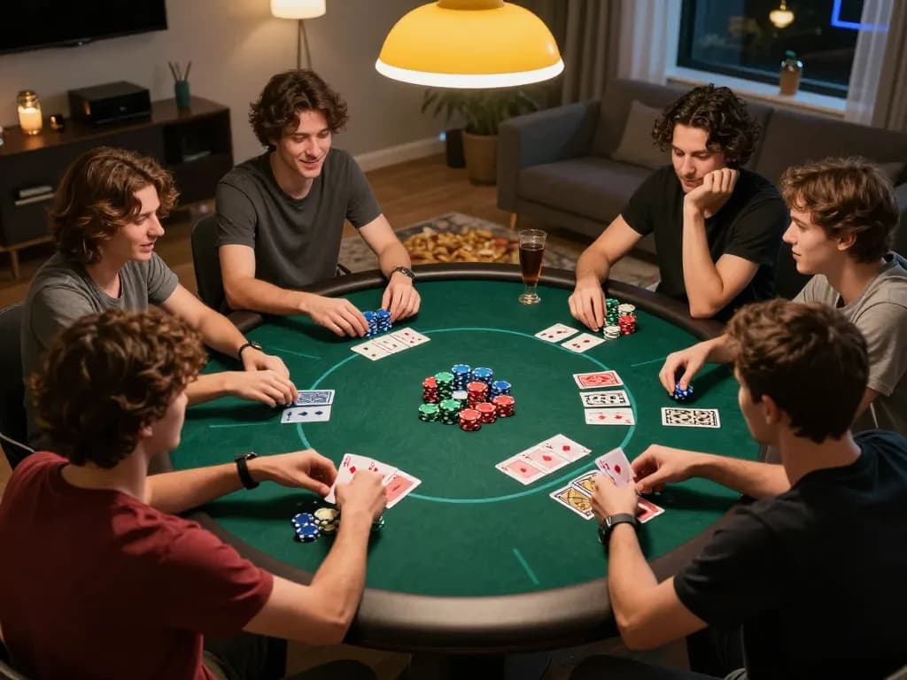 A group of friends enjoying a competitive home poker game with nego77 style, vibrant chips and community cards creating excitement.