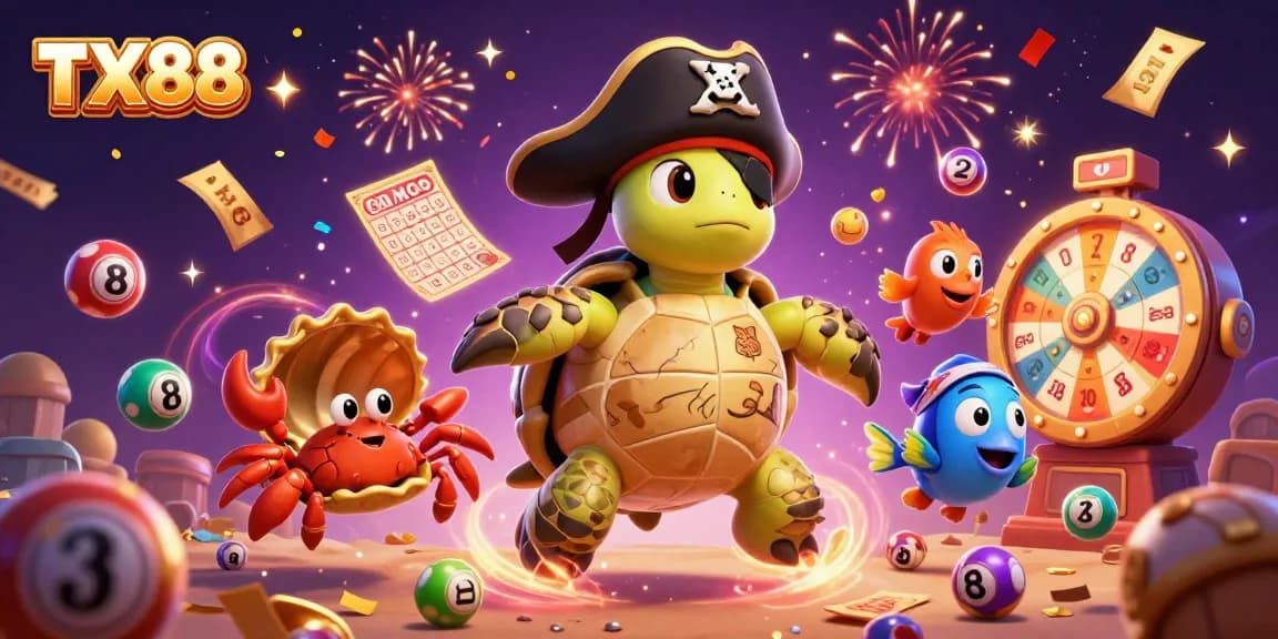 Engage in vibrant TX88 lottery excitement with colorful balls and treasures in this lively 3D scene.