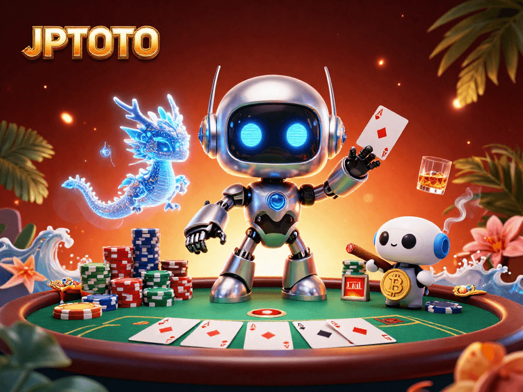 Experience JPTOTO's vibrant casino scene with a futuristic robot and gaming elements in action.