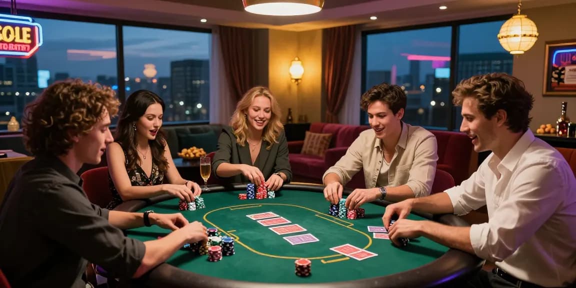 Friends enjoying an exciting poker game in a stylish home casino, featuring AA88 COM vibes.