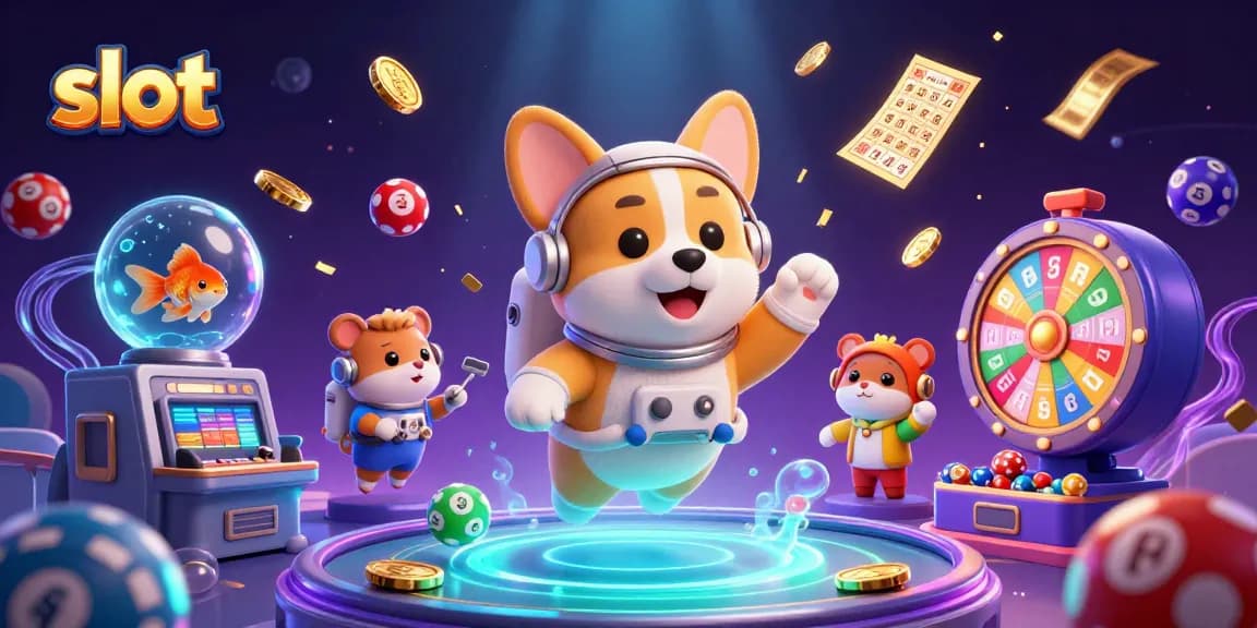 Mainkan slot di kota kasino luar angkasa yang ceria dengan koin berkilauan dan bola lotere.