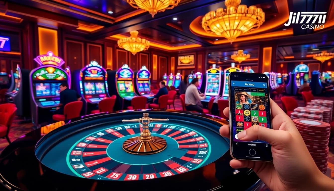Experience the excitement of Jili777 Casino with vibrant gaming scenes and high-stakes action.