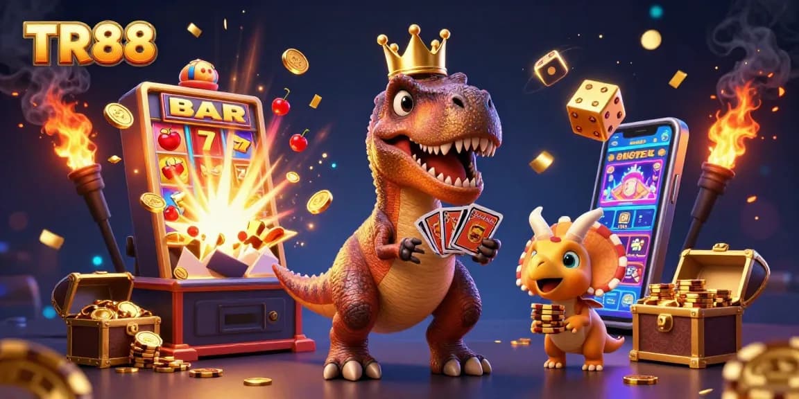 TR88 showcases fun with a T-Rex shuffling cards and a triceratops stacking chips in an exciting casino scene.