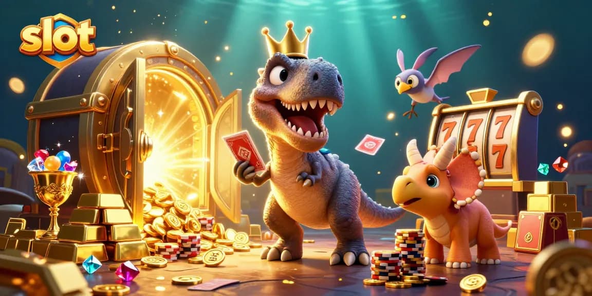 Menangkan slot dengan kartun dinosaurus bermain kartu dan menumpuk chip emas.