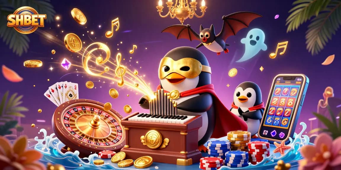 Experience thrilling gaming action at SHBET with golden coins, acrobats, and vibrant casino elements.