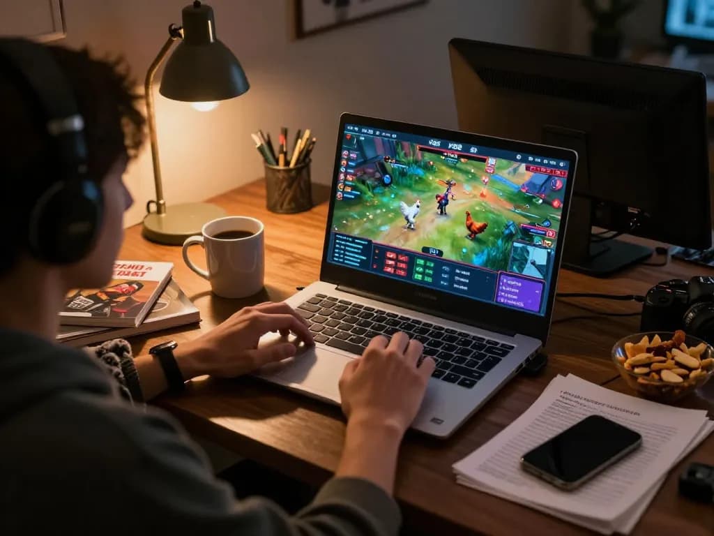 Engaging with V888 live chicken fighting on laptop, in a cozy gaming room atmosphere.