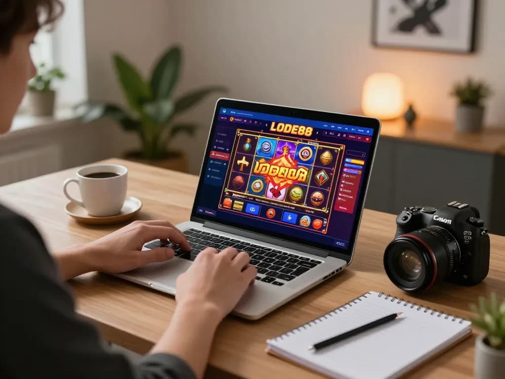 Engage with LODE88 online slots on a stylish home office setup for exciting strategy.