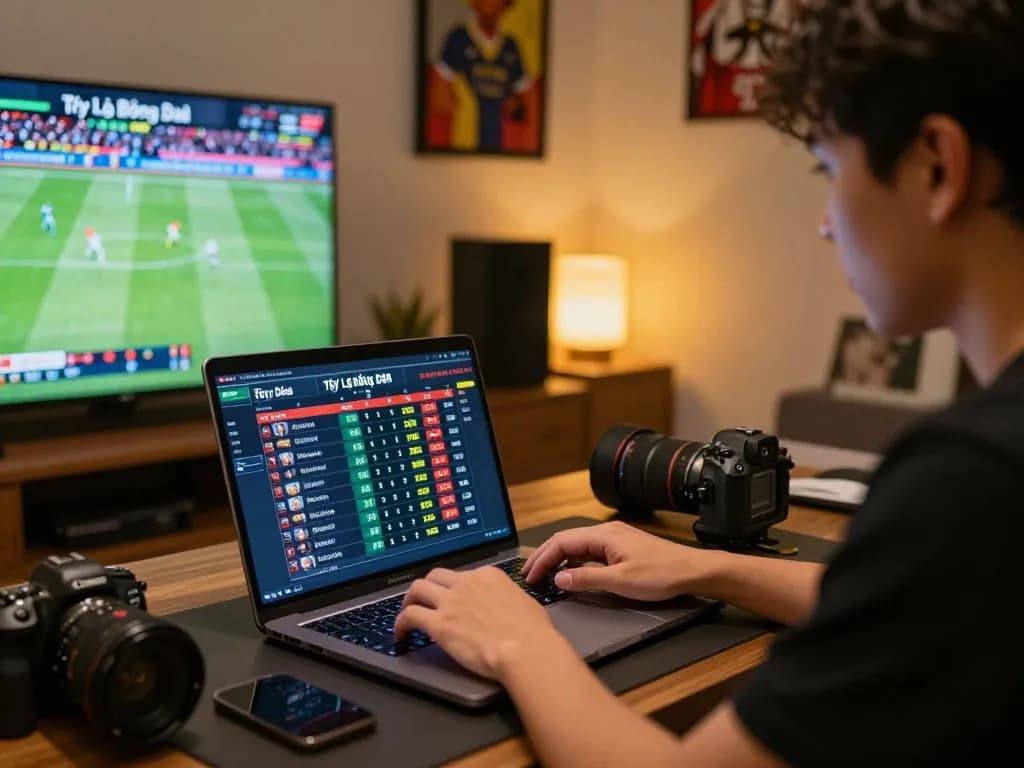 Tỷ Lệ Bóng Đá displayed on a laptop during an intense at-home sports betting session