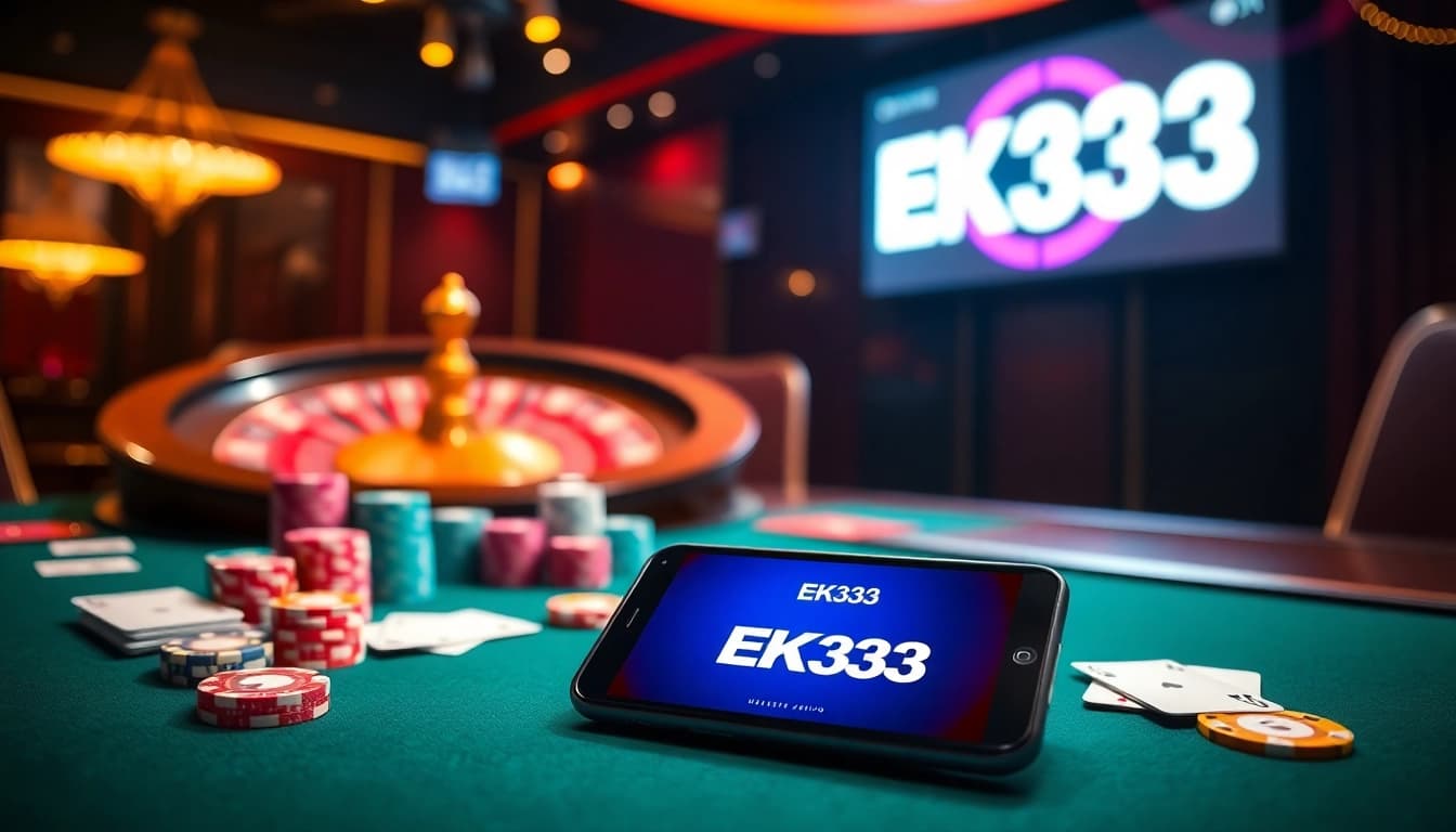 Experience thrilling gaming at EK333's luxurious poker table with vibrant chips and cards.