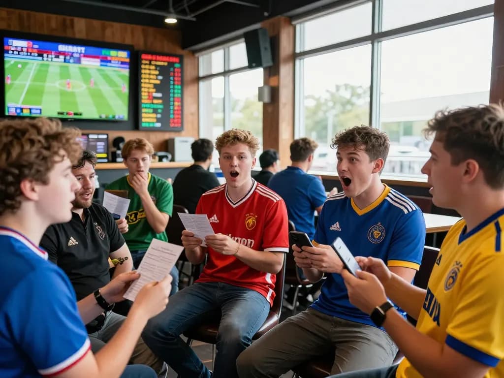 Pembuat taruhan antusias yang terlibat dalam taruhan mix parley di sportsbook yang penuh semangat.